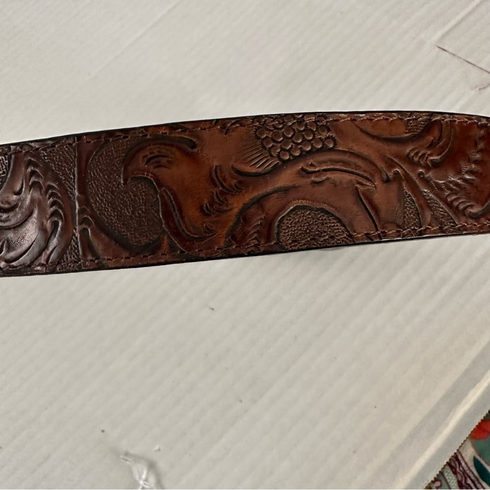 Tooled Leather Belt Brown with Silver Very Distressed Etched Hardware Never Worn - Picture 3 of 10